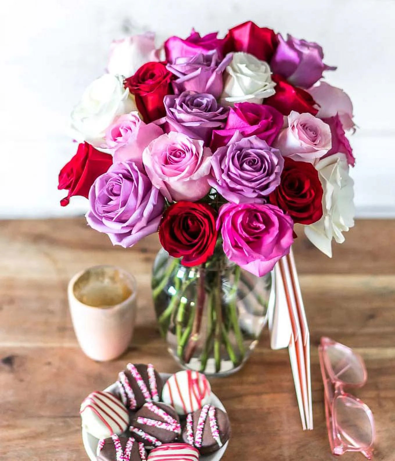 - Two Dozen Romantic Roses with Glass Vase (Fresh Flowers) Birthday, Anniversary, Get Well, Sympathy, Congratulations, Thank You